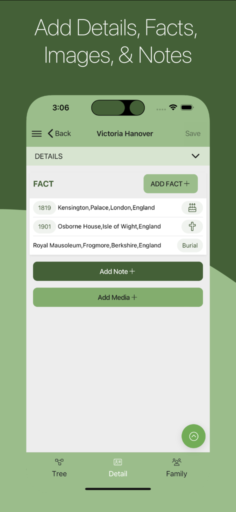 TreeView - Interface of the TreeView app showing personal facts and details for an ancestor with options to add notes and media