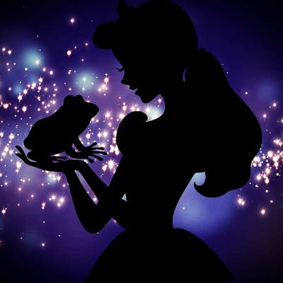 a shadow of a princess holding a frog realistic