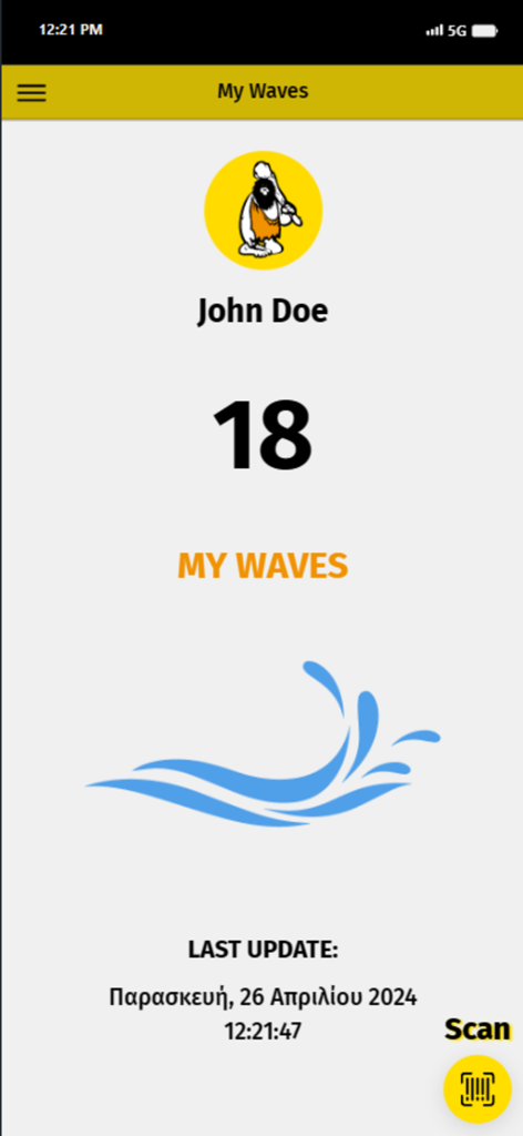 Armenistis - Interfaz de la app Armenistis que muestra puntos de usuario y un botón para escanear código QR