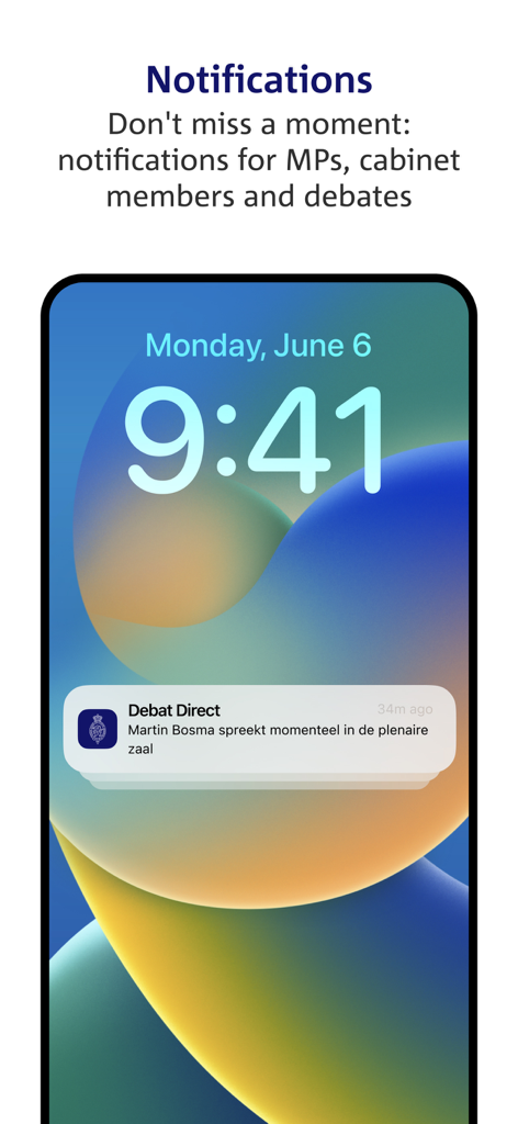 Debat Direct - Sperrbildschirm eines Smartphones mit einer Push-Benachrichtigung der Debat-Direct-App über einen Parlamentssprecher.