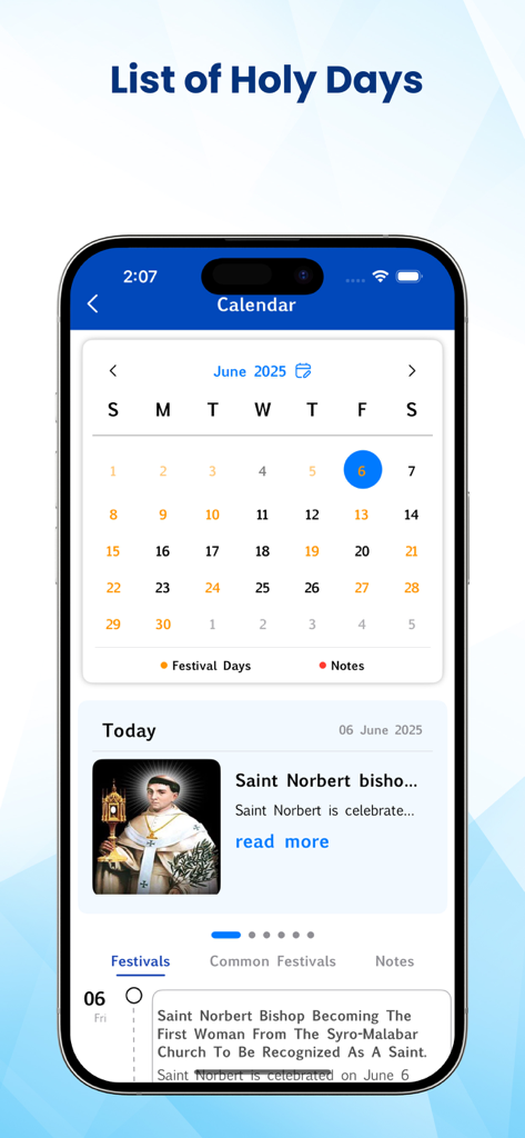 Calendar screen showing holy days and saint details in the Latin Vulgate Bible app