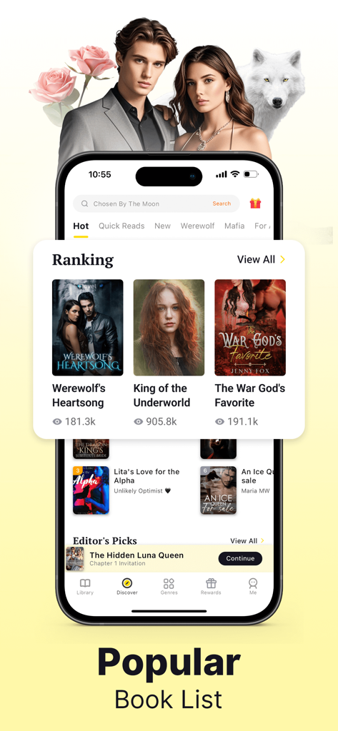 A smartphone screen displaying the AnyStories app with a list of popular romance and werewolf novels including Werewolfs Heartsong and King of the Underworld.