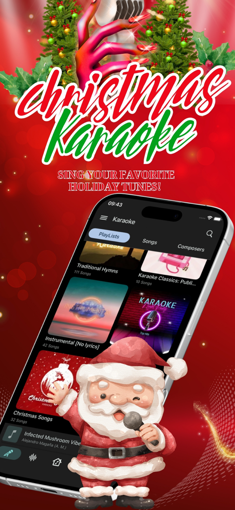 Karaoke Offline: Music Player - Karaoke Offline app interface showing Christmas song playlists with a holiday theme and Santa Claus.