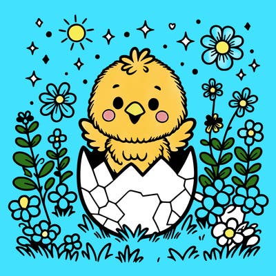 a little chick hatching from an easter egg in the middle of a flower field.