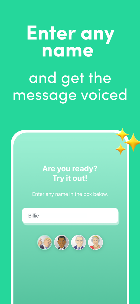 Interface of Parodist app where users enter a name to generate AI celebrity voice messages.