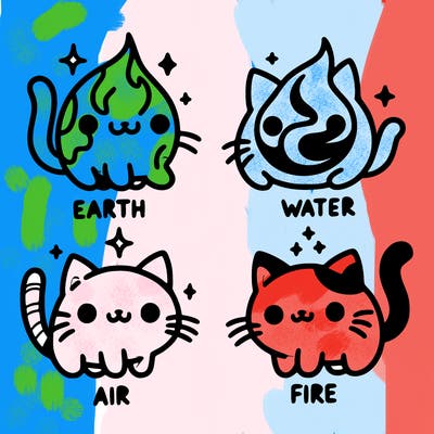 4 cats that represent the different elements, earth, water, air, and fire