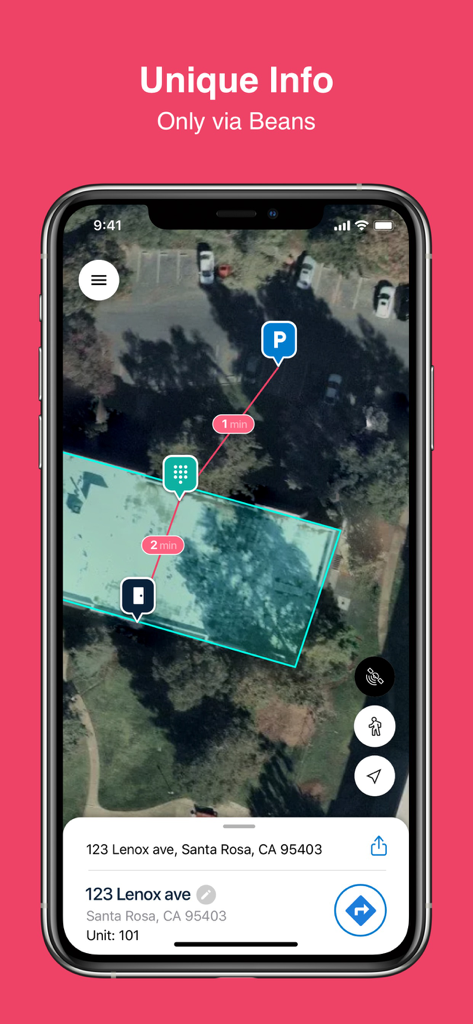 Beans - Maps for Apartments - Satellite view showing a delivery path from parking to an apartment unit with estimated walking times and entry codes