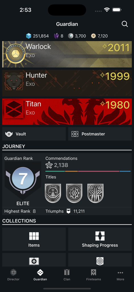 Destiny 2 Companion - Destiny 2 Companion app Guardian screen showing character power levels and player journey progress