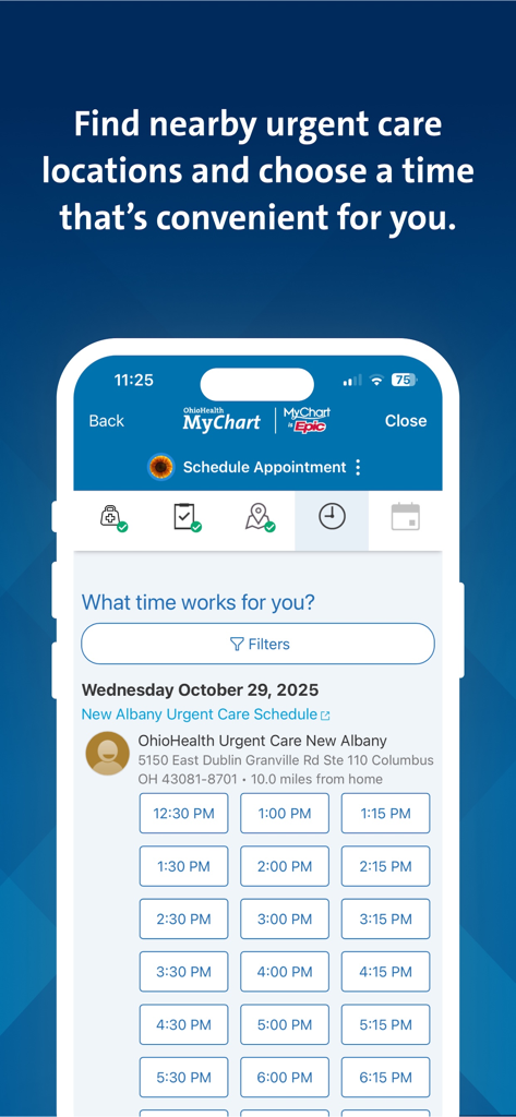 OhioHealth app interface for scheduling urgent care appointments with available time slots