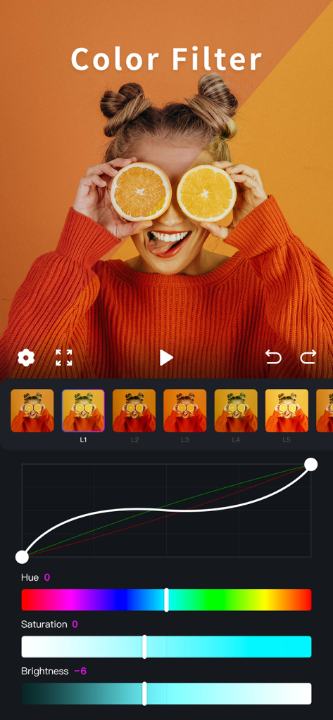 Interface de l'application Cup Cute montrant des filtres de couleur professionnels et des outils de correction avec des curseurs de réglage et des courbes