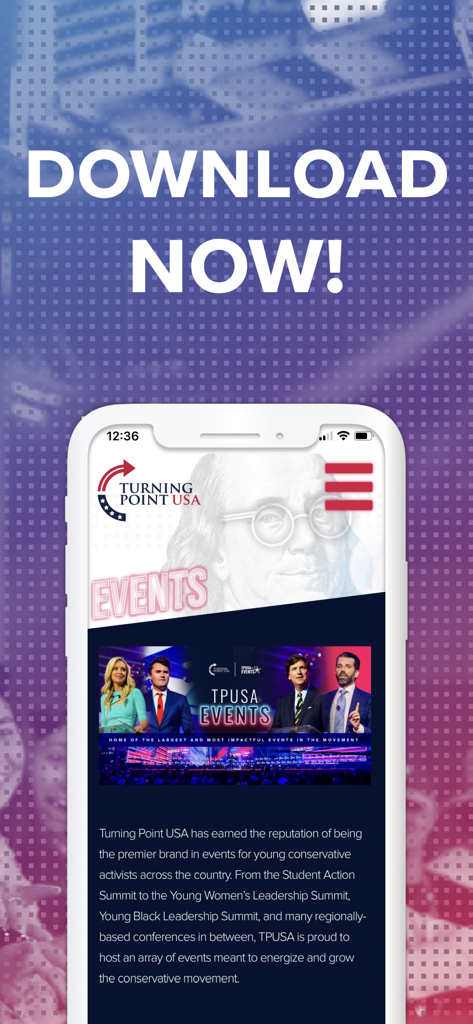 TPUSA - Page d'événements de l'application mobile Turning Point USA montrant les prochains sommets et les conférences de leadership conservateur