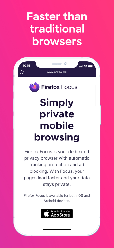 Firefox Focus: Privacy browser - Teléfono inteligente que muestra la aplicación Firefox Focus con el texto Navegación móvil sencillamente privada y Más rápido que los navegadores tradicionales