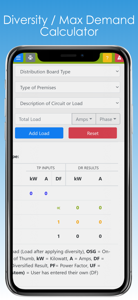 Interface of the Diversity Calculator app showing electrical load input forms and results table
