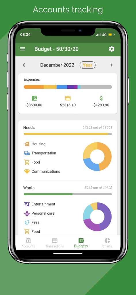 Miza: Budget & Expense Tracker - Miza app interface showing budget breakdown by categories using the 50-30-20 rule with donut charts and progress bars