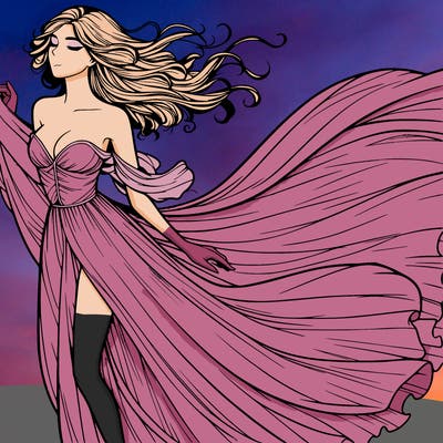 realistic woman in dress flowing the the wind