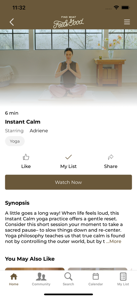 Find What Feels Good Yoga - Yoga class detail page in the Find What Feels Good app featuring Adriene Mishler for an Instant Calm session.