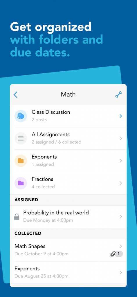 Showbie - Showbie 앱 인터페이스에 수학 수업 과제가 폴더와 마감일별로 정리되어 표시됩니다.