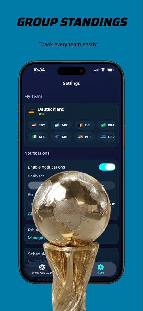 World Cup 2026 Schedule - 2026 월드컵 앱의 설정 화면에서 팀 선택 및 알림 옵션 표시