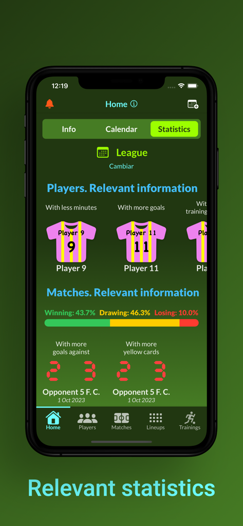 Football Coach Manager - La aplicación Football Coach Manager muestra estadísticas de rendimiento del jugador y de victorias en partidos