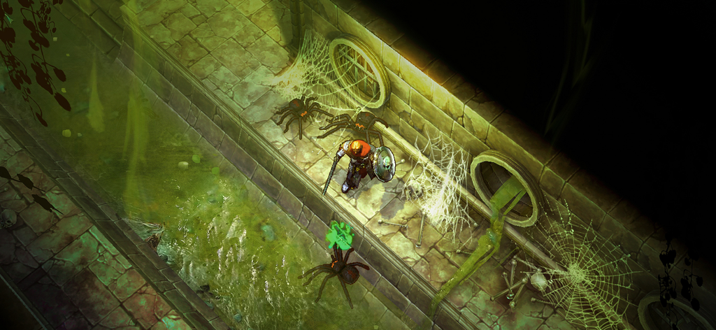 Shadowborn - A warrior character fighting giant spiders in a dark dungeon with green sludge in the game Shadowborn