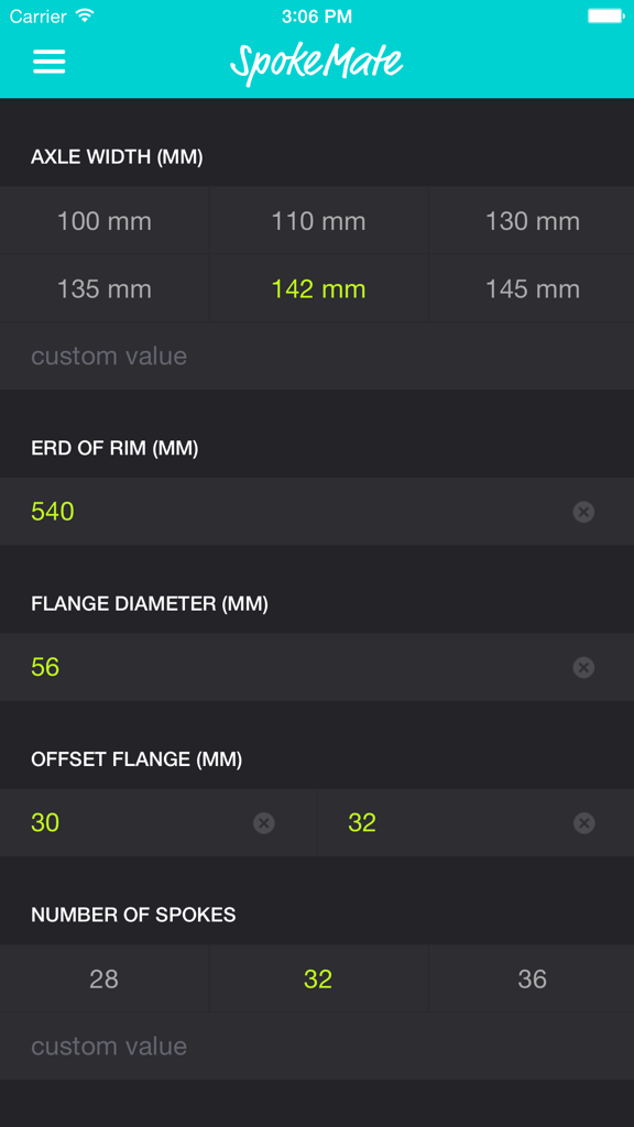 SpokeMate: Spoke-Length Calculator - Mobile app interface for calculating bicycle spoke length with fields for axle width and rim diameter.