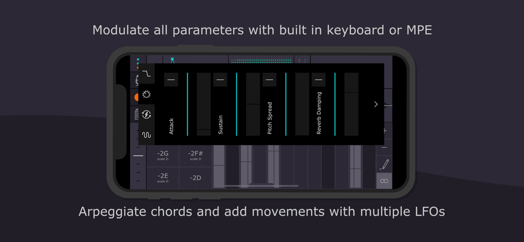 Tardigrain mobile app screen showing modulation controls for grain parameters and LFO settings