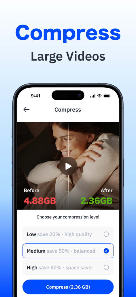 Boost Cleaner: Cleanup Storage - A mobile app screen showing options to compress large videos and reduce storage size from 4.88GB to 2.36GB.