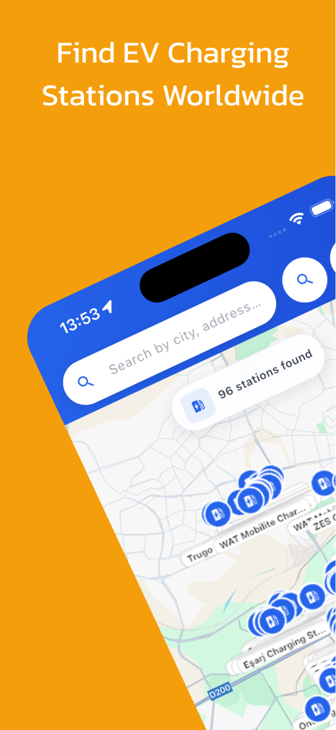Ev Charge Station Find on Map - A smartphone displaying a map with blue icons for nearby electric vehicle charging stations