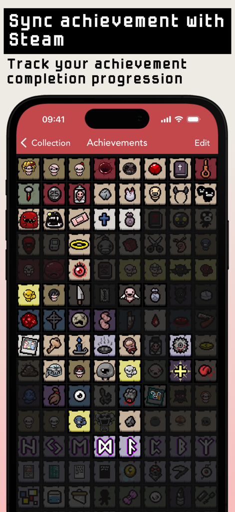 Guide+ for Binding of Isaac - A grid of game achievements showing completion progress and Steam sync feature