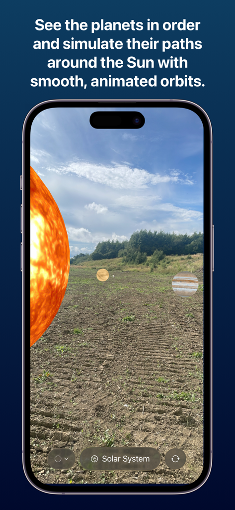 Planets AR: Solar System 3D - AR view showing planets orbiting the sun in an outdoor landscape