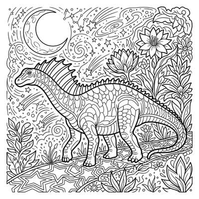 Unleash your creativity with this magnificent Amargasaurus coloring page set against a mystical night sky. Explore a world where ancient dinosaurs roam under the glow of the moon and a cascade of twinkling stars.
