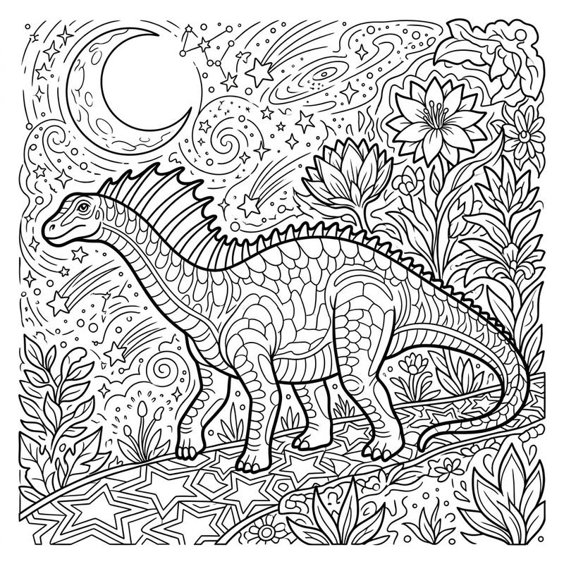 Unleash your creativity with this magnificent Amargasaurus coloring page set against a mystical night sky. Explore a world where ancient dinosaurs roam under the glow of the moon and a cascade of twinkling stars.