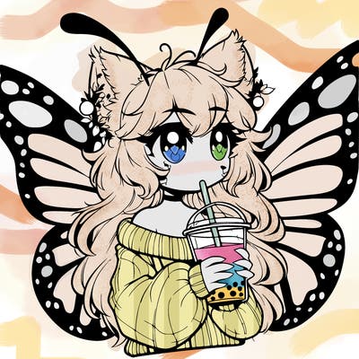 a realistic butterfly/furry girl drinking boba