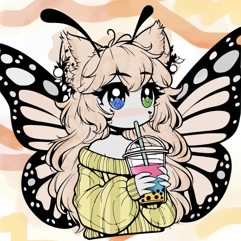 a realistic butterfly/furry girl drinking boba