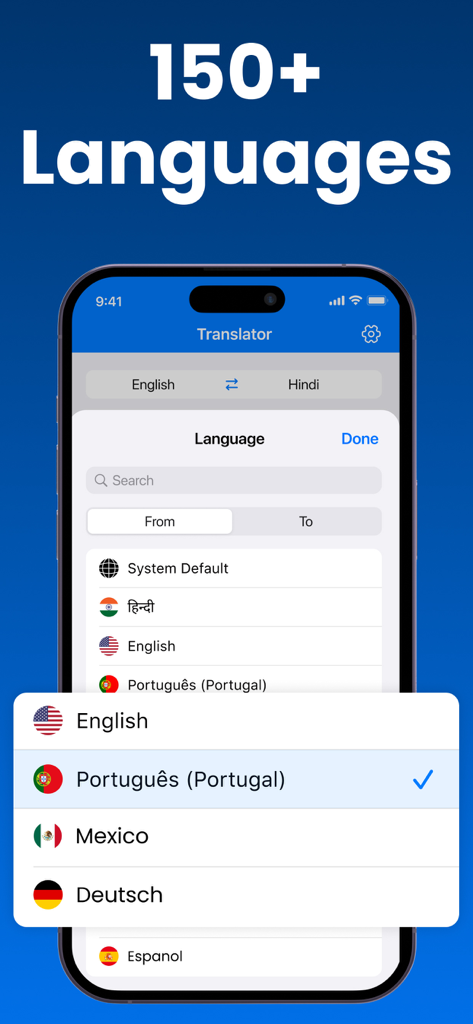 Une interface d'application mobile de l'AI Voice Translator montrant un menu avec une sélection de plus de 150 langues prises en charge.