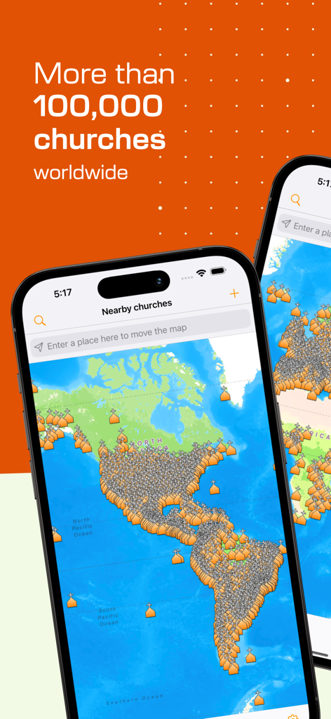 Catholic Mass Times app interface displaying a map of the Americas covered with icons representing over one hundred thousand churches worldwide