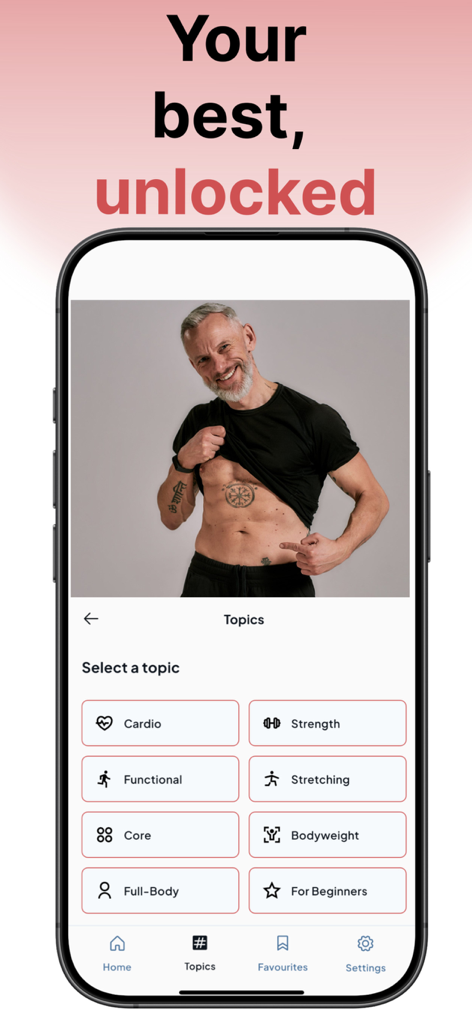 SeniorMatch - Pantalla de la aplicación SeniorMatch mostrando categorías de entrenamiento físico para personas mayores