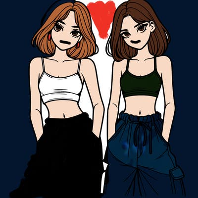 two girls with crop top with baggy pants
