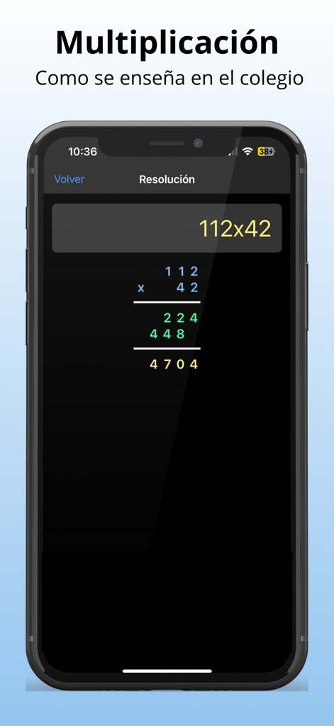 Calculadora de Alicia - Cálculo de multiplicación paso a paso en la aplicación Calculadora de Alicia.