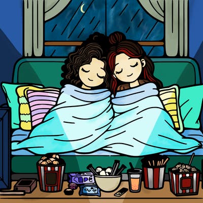 realistic movie date night 2 girls cuddling at home one of the girls has curly hair up in bun blankets snacks watching movies on the television