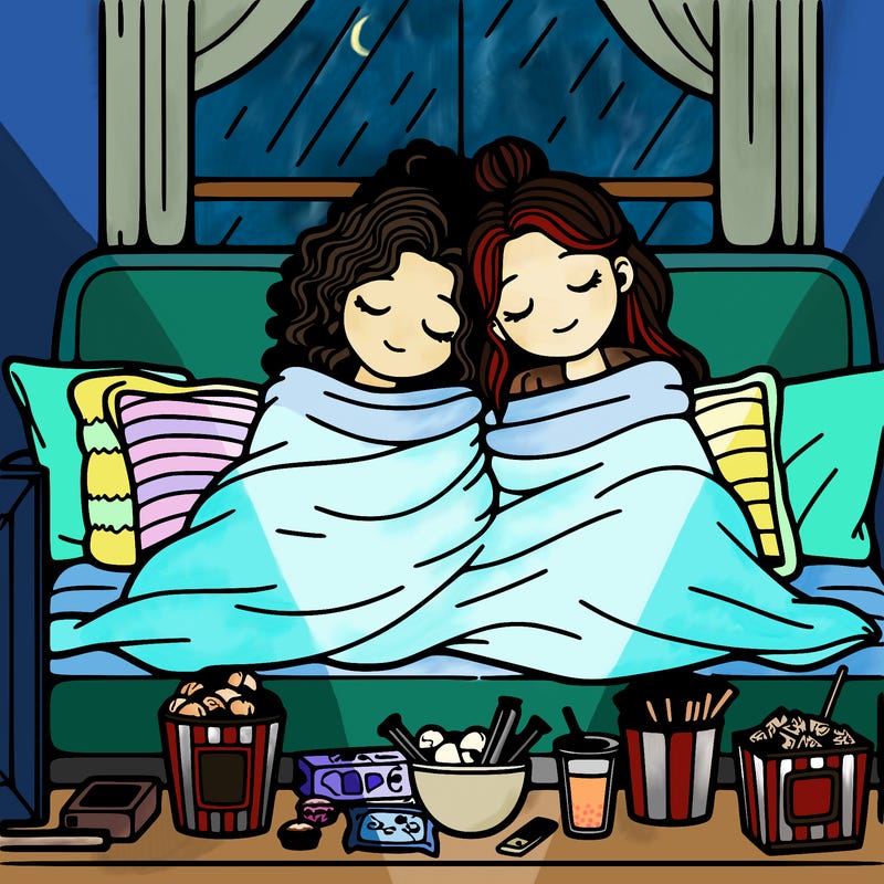 realistic movie date night 2 girls cuddling at home one of the girls has curly hair up in bun blankets snacks watching movies on the television