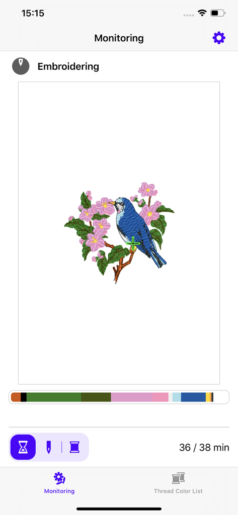 Pantalla de la aplicación Brother My Stitch Monitor mostrando el progreso en tiempo real del bordado de un diseño de pájaro con un contador de tiempo restante.