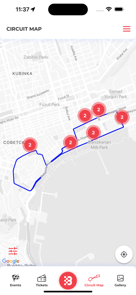 Baku City Circuit - Tela do aplicativo móvel mostrando o layout interativo da pista de Fórmula 1 para o Baku City Circuit