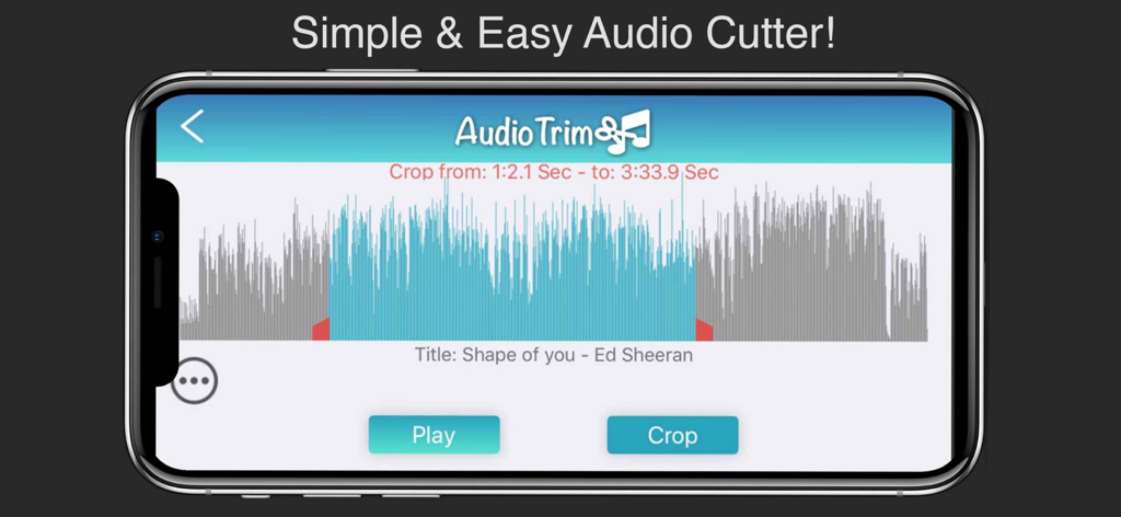 Easy Audio Cutter & Trimmer - Smartphone interface of an audio cutter app showing a waveform selection for trimming music.