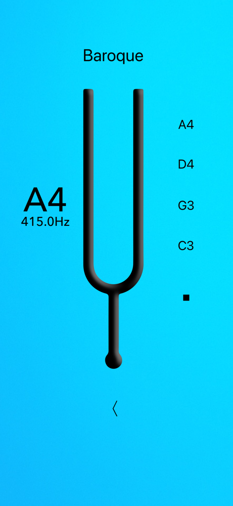 Pantalla de la aplicación Afinador de Viola que muestra afinación barroca a 415Hz con un diapasón digital
