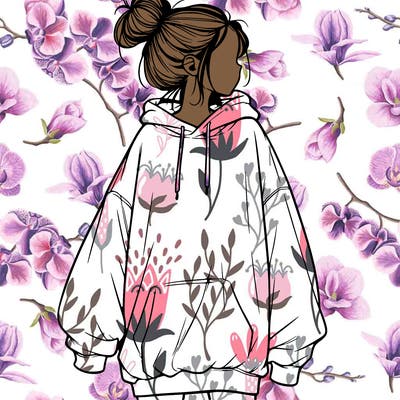 realistic girl with a oversized sweatshirt on and a bun