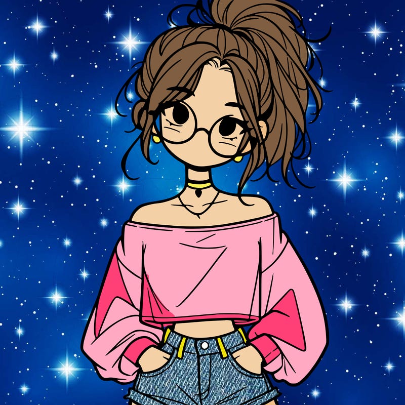 girl with a messy ponytail glasses a baggy crop top and jean shorts