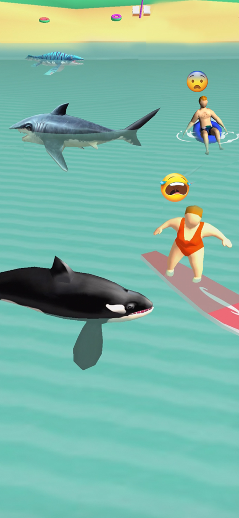 Shark Attack -Simulator games - A killer whale and a shark approaching swimmers in the ocean near a beach.