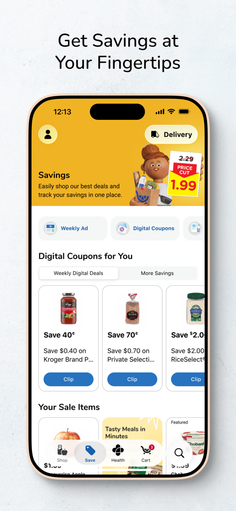 Mobile interface of the Kroger app showing digital coupons and weekly grocery savings for an efficient household manager.