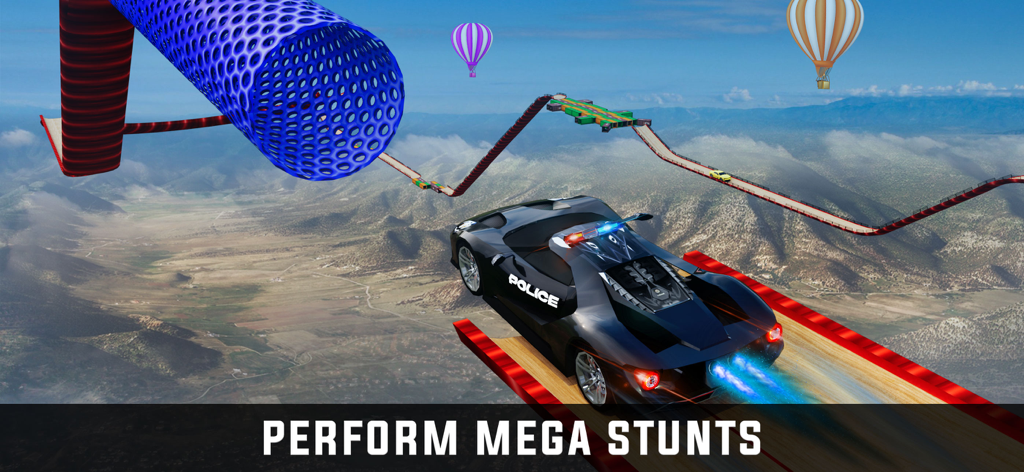 Police Simulator Games 2024 - Um carro esportivo de polícia realizando mega acrobacias em uma rampa de alta altitude.